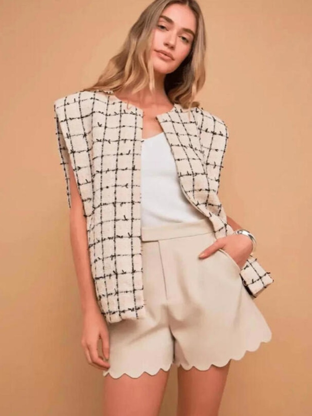 English Factory Premium Tweed Vest with Shoulder Pads Cream and Black